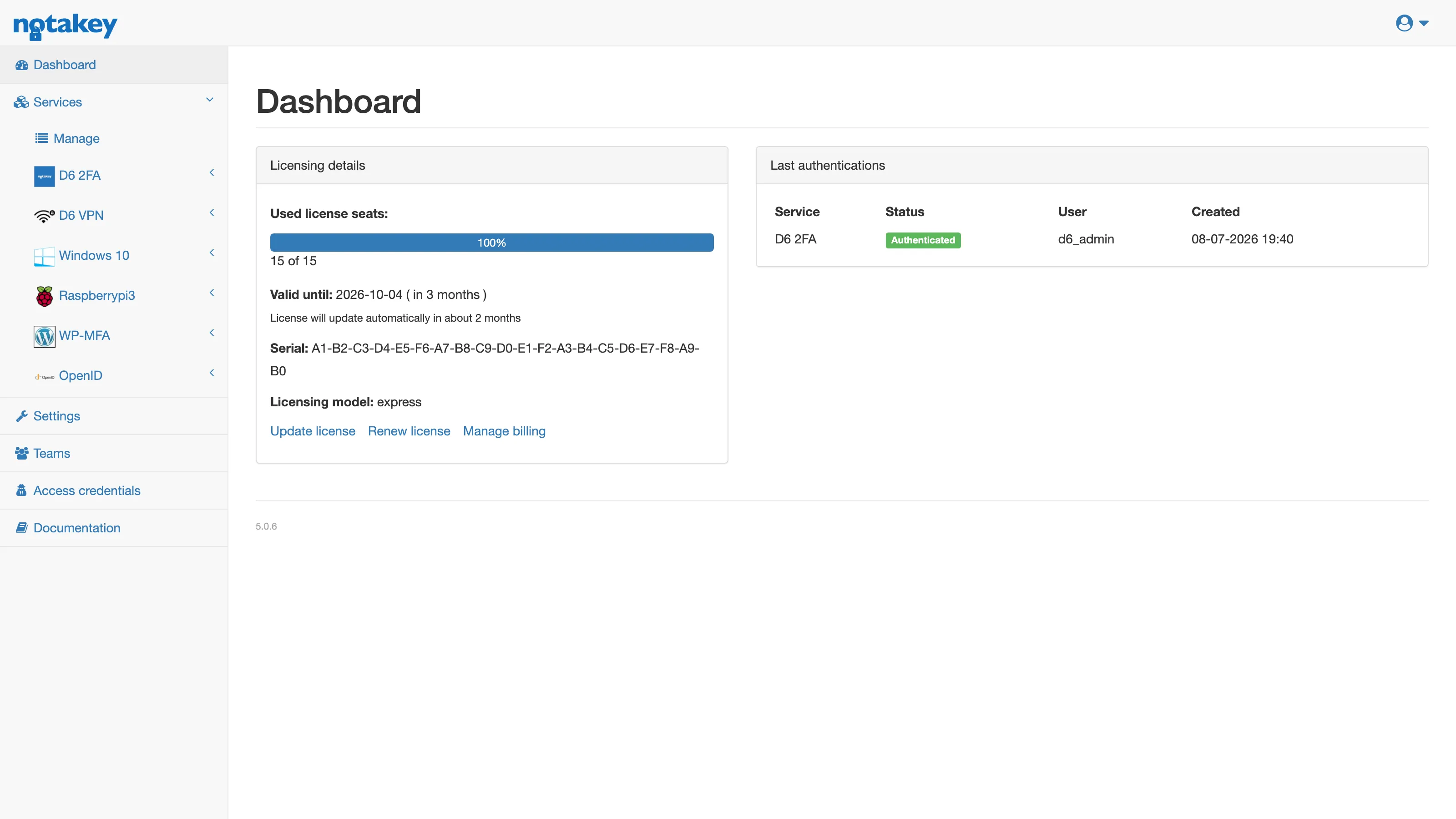 The Notakey appliance dashboard showing licensing status, recent authentication events and the service list. This is the operations and audit view your team runs day to day.