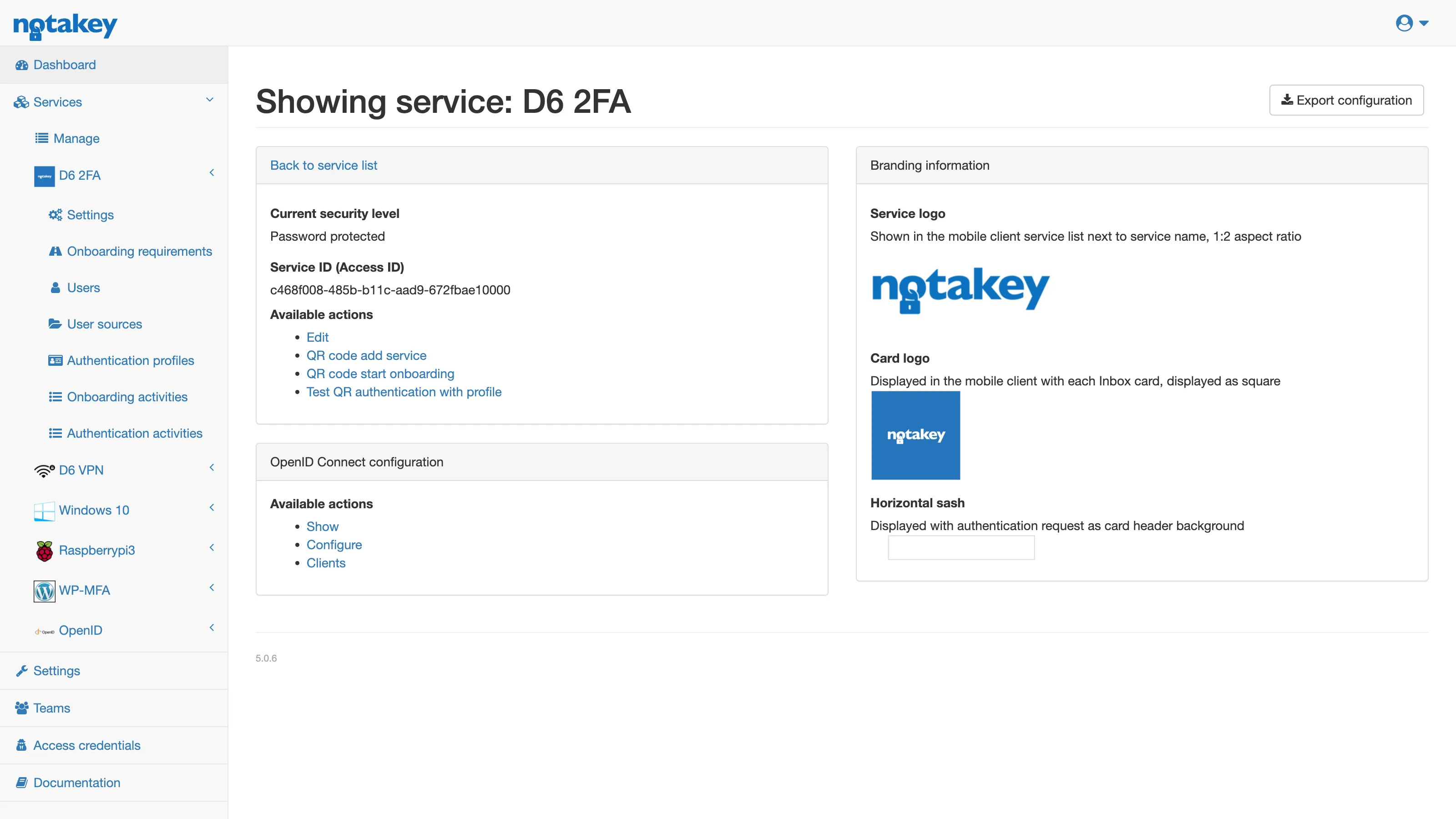 The appliance console for a single SSO service: its security level, OpenID Connect configuration and the branding shown to users on their phone.