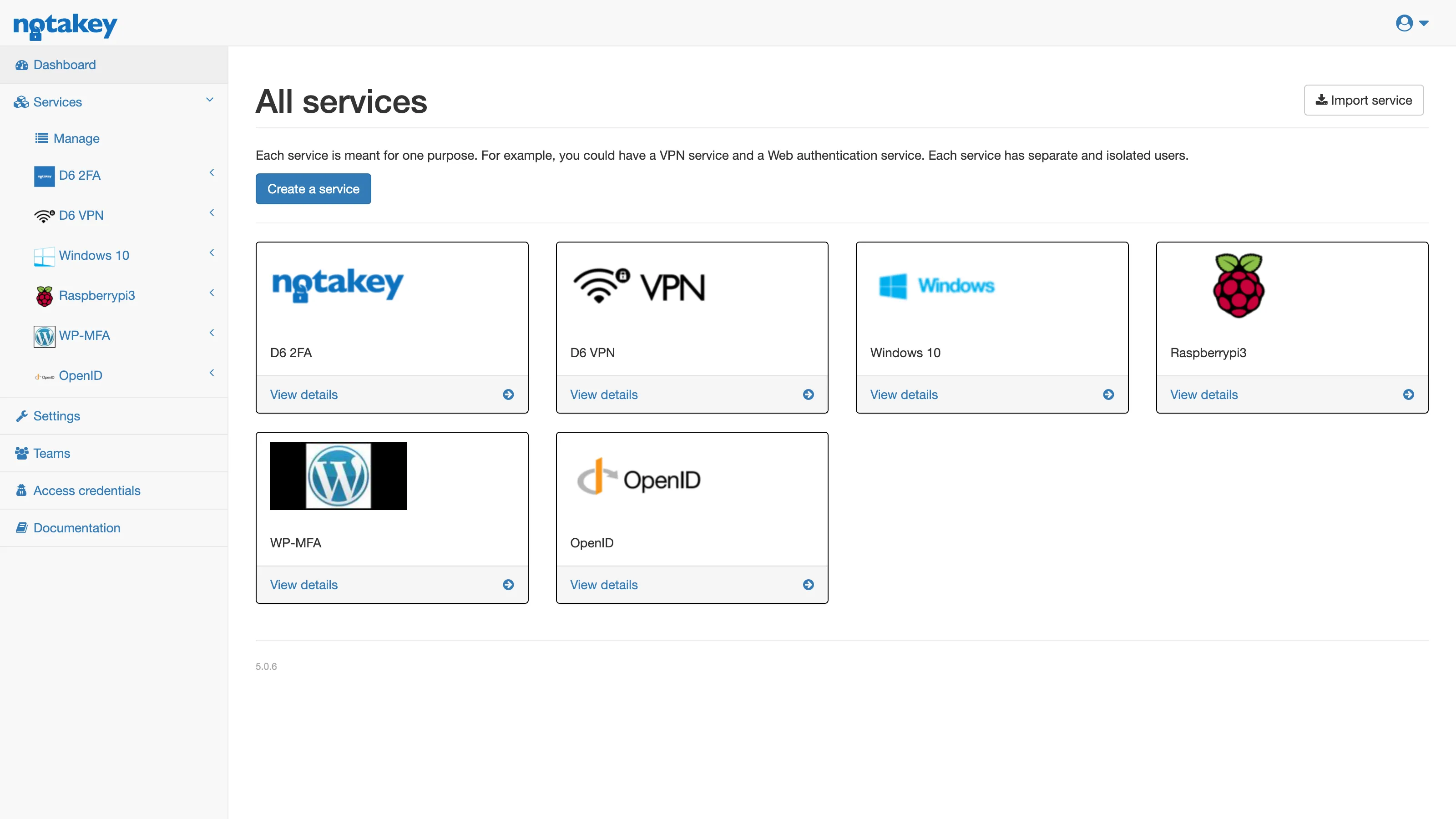 The Notakey appliance admin console listing configured services (VPN, Windows login, WordPress and OpenID), each managed from one dashboard.
