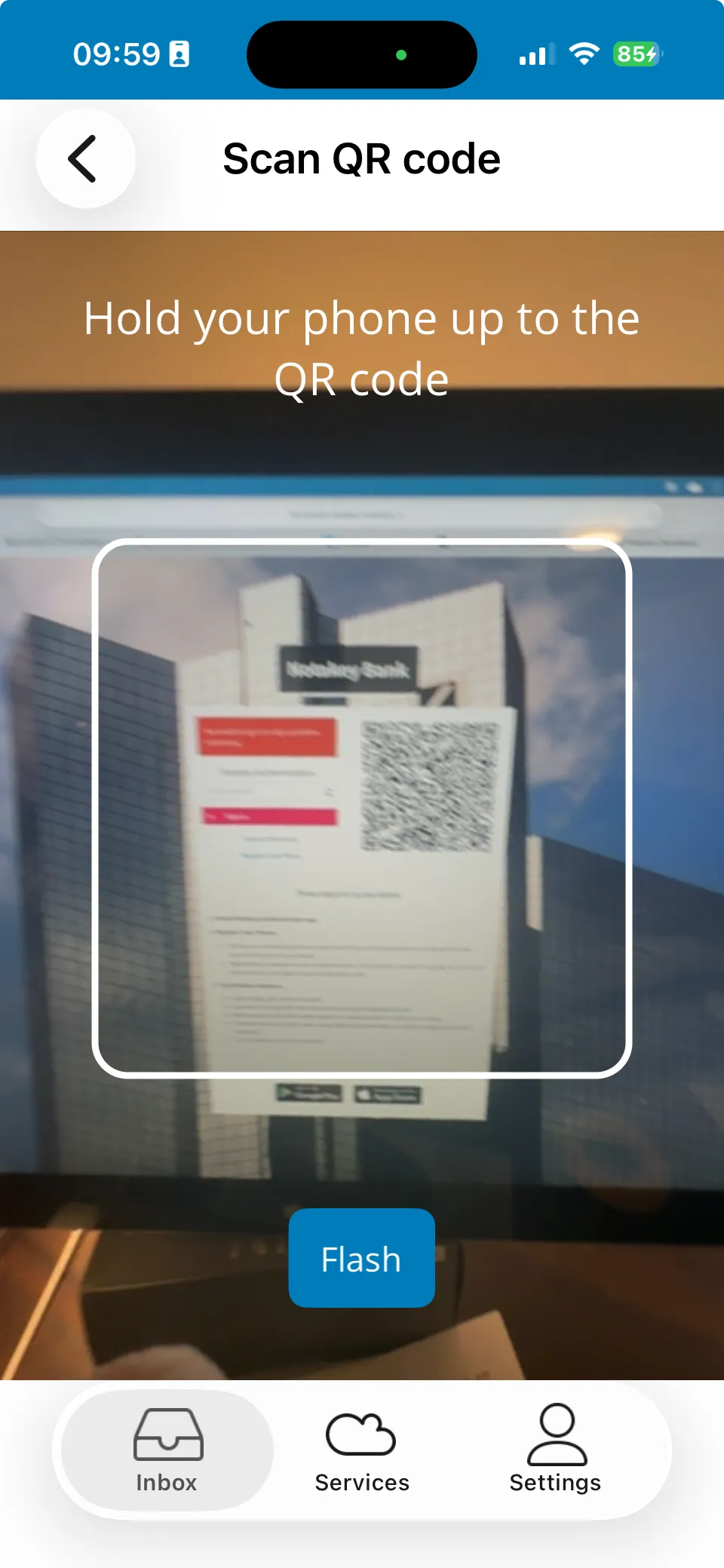 The Notakey Authenticator scanning the QR code on the demo bank’s login page; nothing is typed on the page itself.