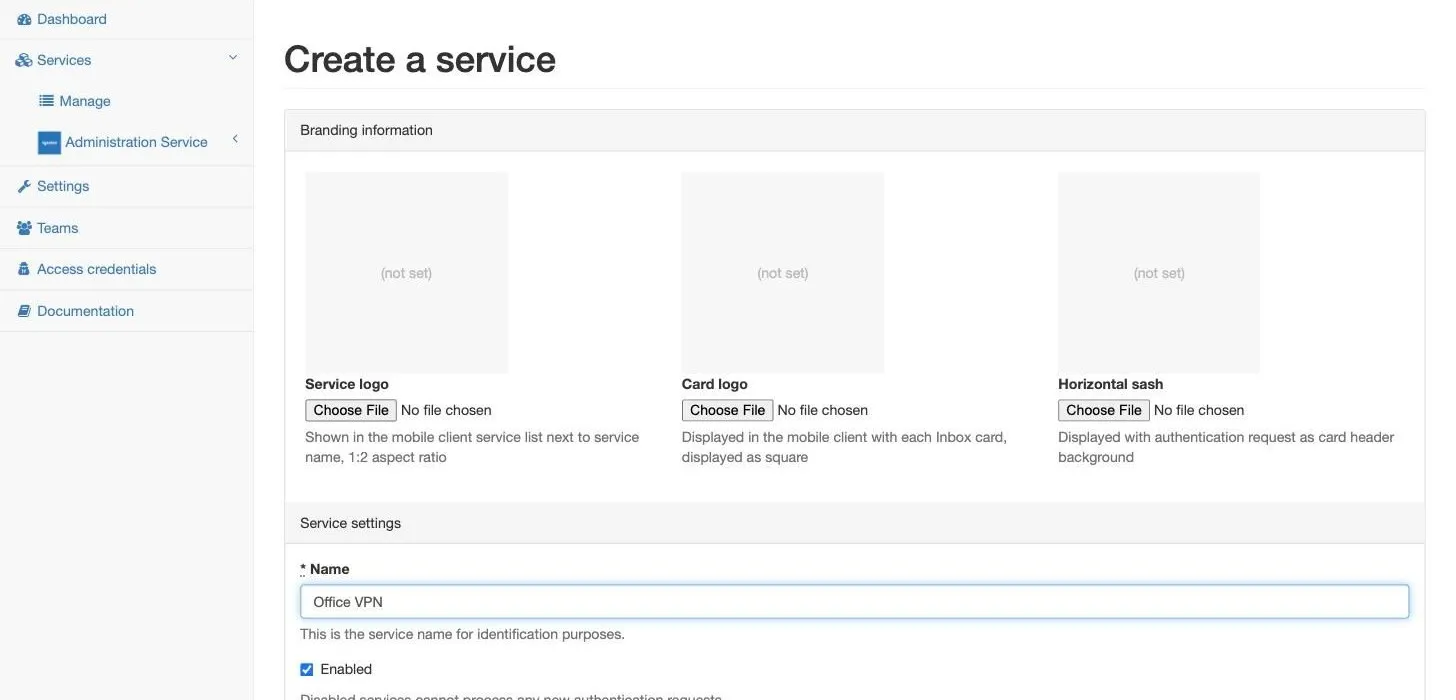 The Create a service form with the name Office VPN entered; the three logo uploads above it are optional.