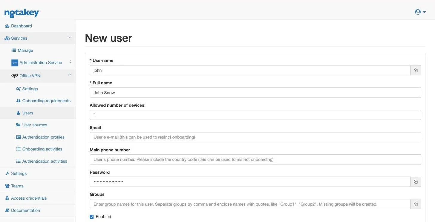 The New user form with Username john, Full name John Snow and a password typed in; email, phone number and groups are left empty.