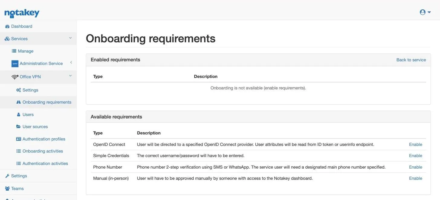 The Onboarding requirements page of a new service: “Onboarding is not available (enable requirements)”, with four requirement types listed below.