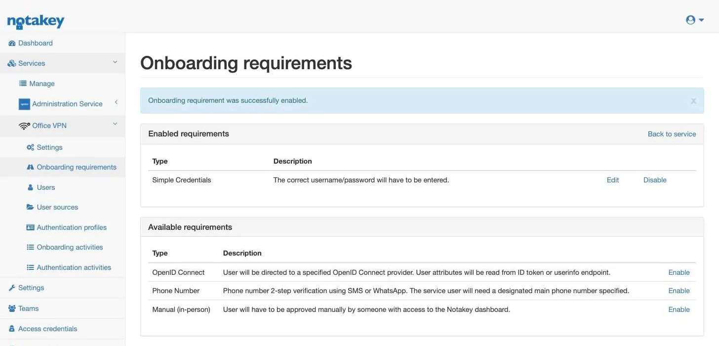 The same page after enabling Simple Credentials, which now appears under Enabled requirements with Edit and Disable links.