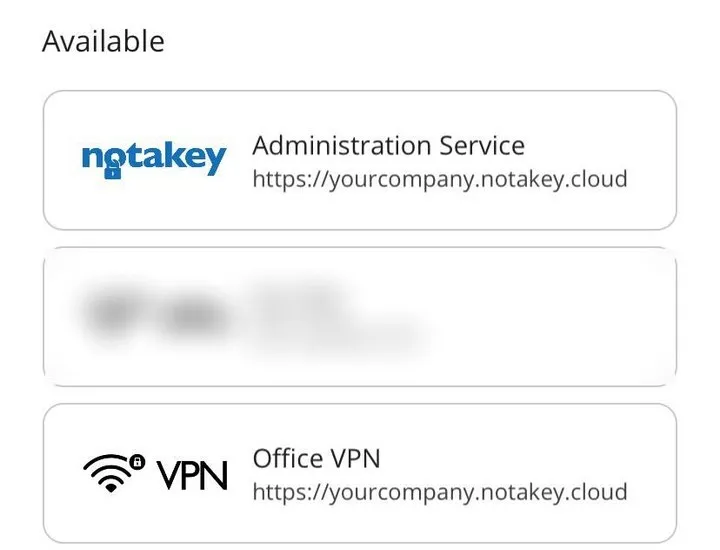 The app’s Services screen: Office VPN listed under Available with the server address beneath it (a service from another server is blurred).