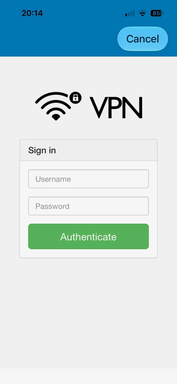 The app’s Sign in screen for the Office VPN service: Username, Password and an Authenticate button.