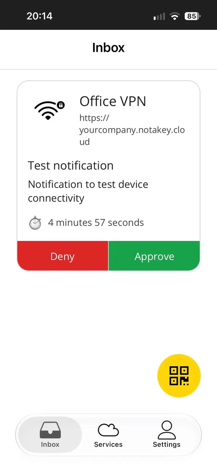 The test request in the app’s Inbox: Office VPN, the server address, “Test notification”, a countdown just under five minutes, and Deny and Approve buttons.