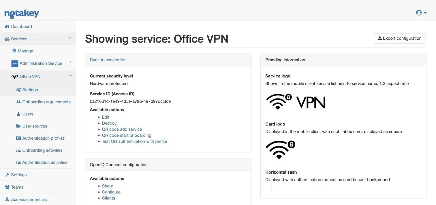 The Office VPN service page: security level, the Service ID (Access ID) value, and the actions list including QR code add service.