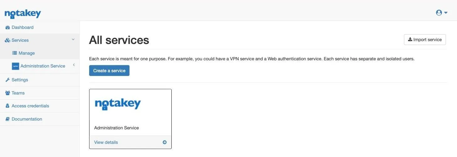 The All services page on a new cloud instance: only the built-in Administration Service, and a Create a service button.
