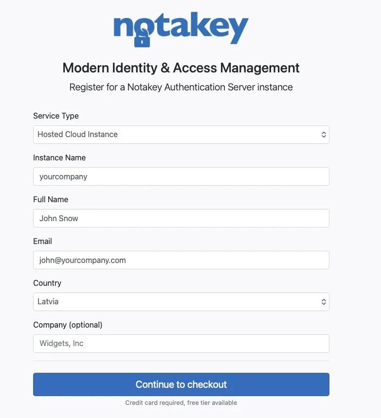 The signup form: Service Type set to Hosted Cloud Instance, Instance Name yourcompany, then full name, email, country and an optional company.