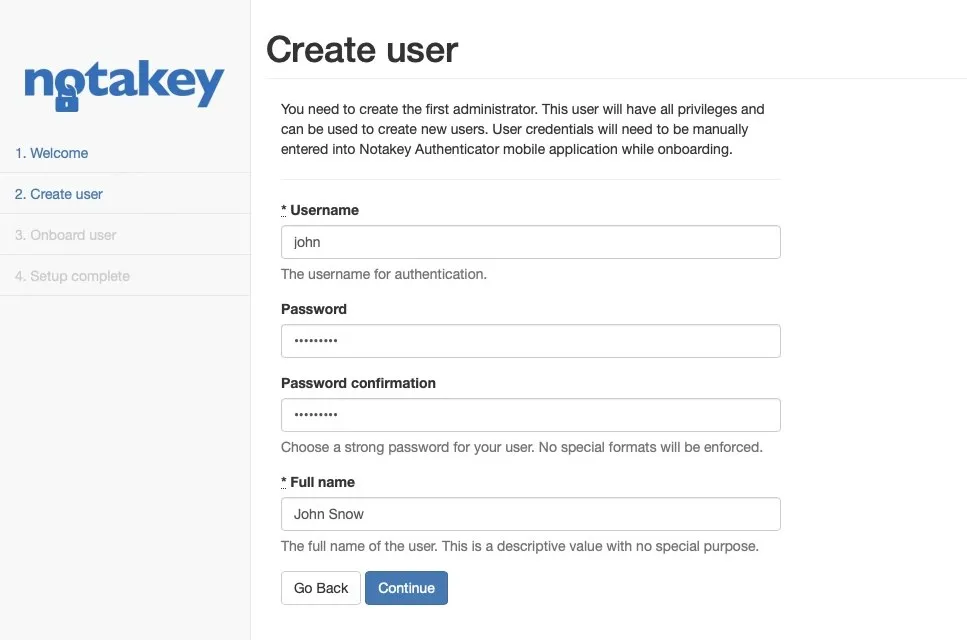 The wizard’s Create user step: username john, a password entered twice, and full name John Snow. The page notes that these credentials are typed into the mobile app during onboarding.