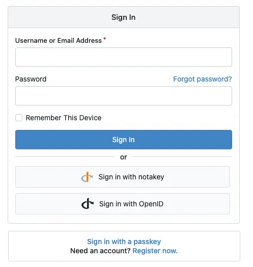 Gitea’s Sign In page with the new “Sign in with notakey” button, alongside the existing username/password form and passkey option.