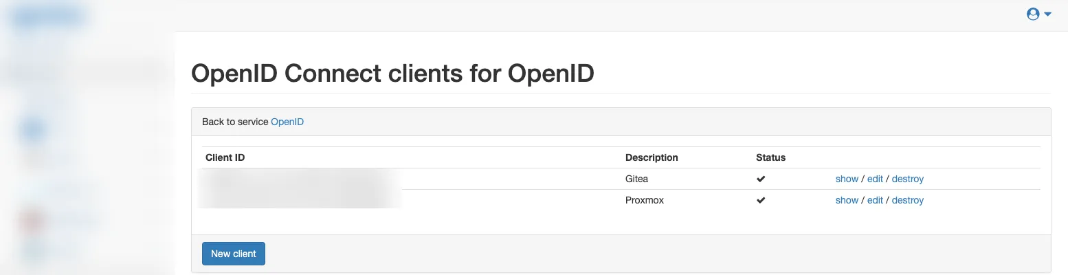 The OpenID Connect client list for a service, showing two registered clients — Gitea and Proxmox — both enabled (sidebar and Client ID values blurred).