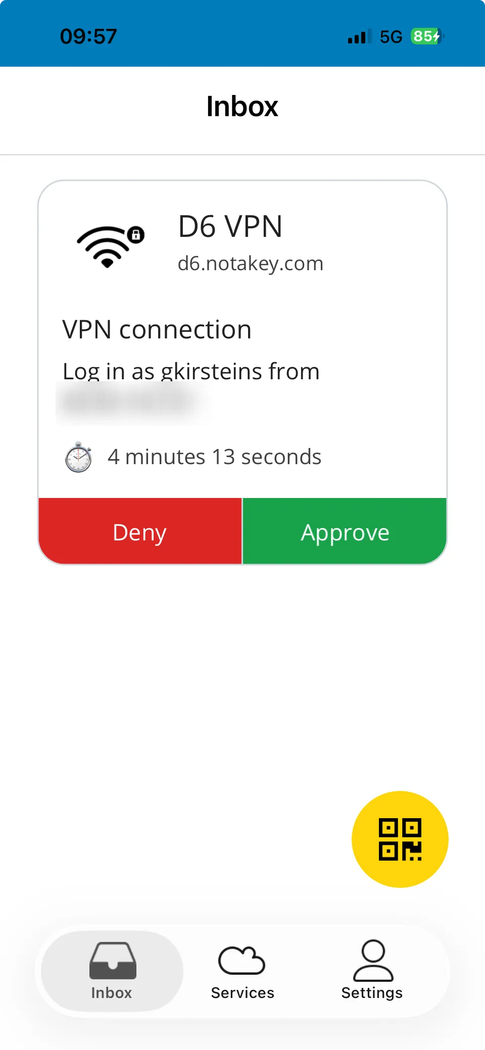 The Notakey Authenticator app showing a VPN login approval that the user can approve or deny with one tap.