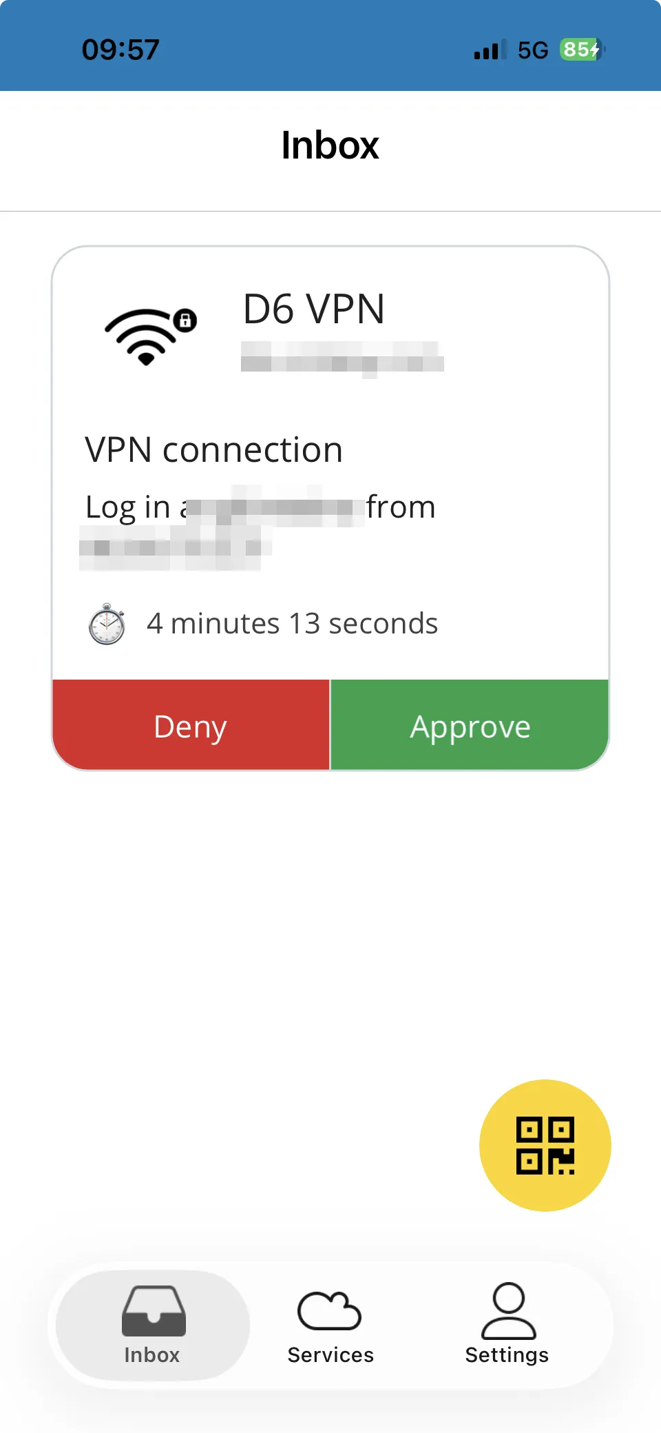 The request in the Notakey Authenticator: service name, the login and source IP to verify, a countdown, and Deny / Approve buttons.